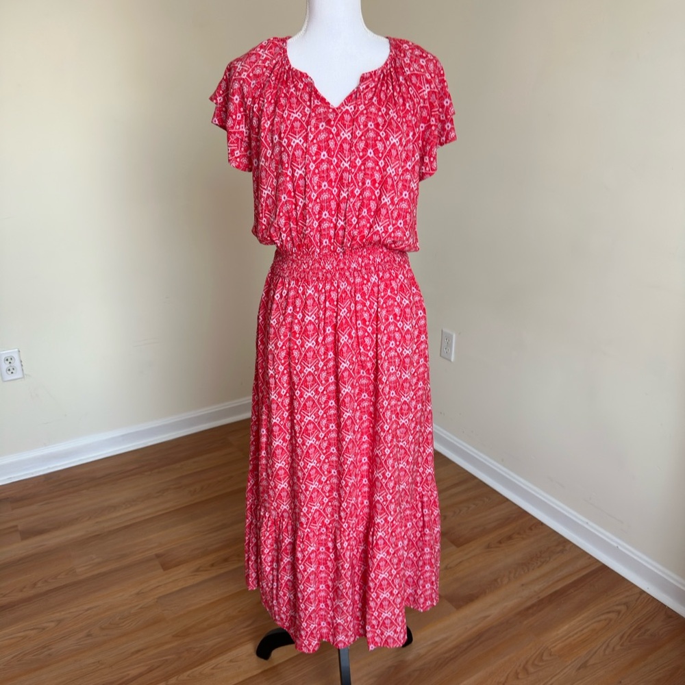 Destination 365 Maxi Dress Red White Print Flutter Sleeve Boho‎ Sz SP - Picture 3 of 10
